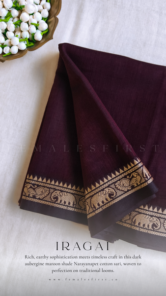 IRAGAI | Narayanapet Cotton sari in Dark Aubergine Maroon