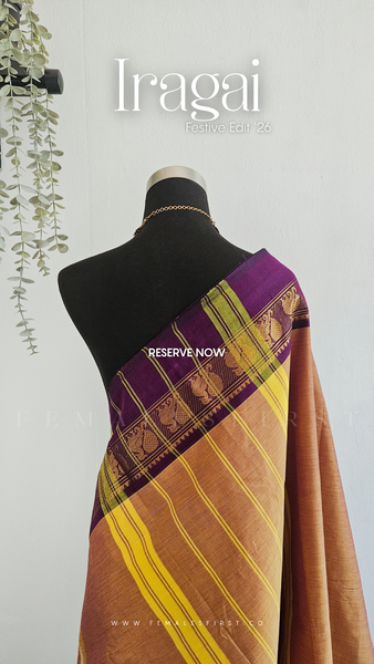 IRAGAI : Kanchi Cotton Sari in Dual tone Peach Yellow & Dark Purple