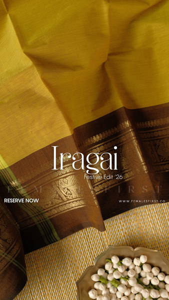 IRAGAI : Kanchi Cotton Sari in Chartreuse Yellow & Brown