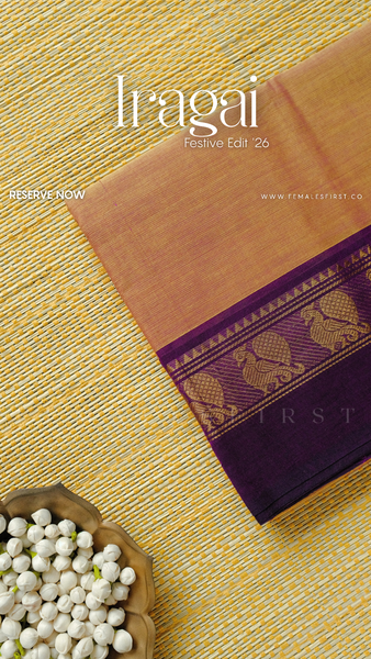IRAGAI : Kanchi Cotton Sari in Dual tone Peach Yellow & Dark Purple