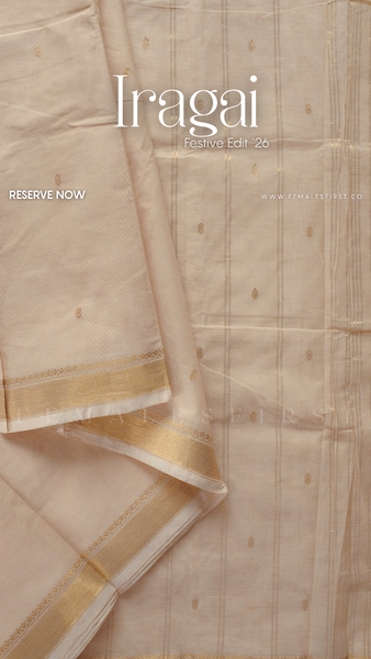IRAGAI - South Cotton Temple Sari in Khadi Cream & Gold