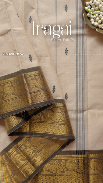 IRAGAI : Kanchi Cotton Sari in Khadi Cream & Grey