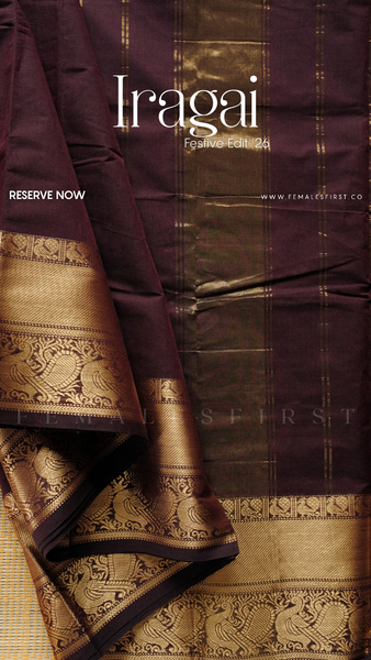 IRAGAI - Large border South Cotton Temple Sari in Burgundy Brown & Gold