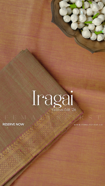 IRAGAI : Kanchi Cotton Sari in Dual tone Peach Yellow & Dark Purple