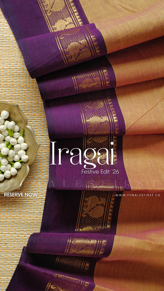 IRAGAI : Kanchi Cotton Sari in Dual tone Peach Yellow & Dark Purple