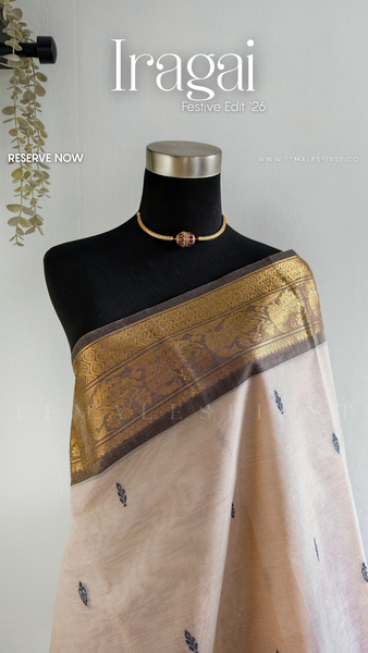 IRAGAI : Kanchi Cotton Sari in Khadi Cream & Grey