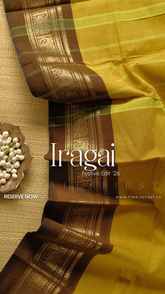 IRAGAI : Kanchi Cotton Sari in Chartreuse Yellow & Brown