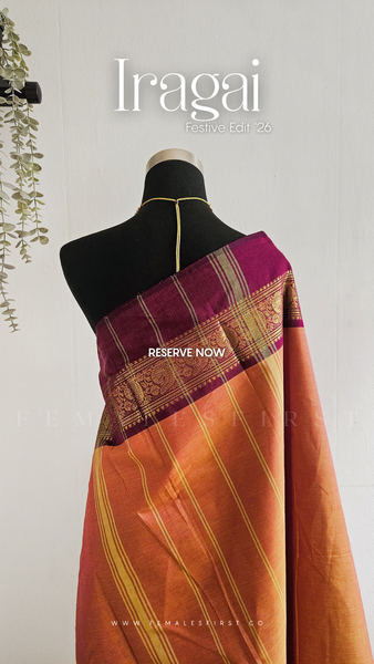 IRAGAI : Kanchi Cotton Sari in Dual tone Salmon Pink-Yellow Dual Tone & Warm Deep Pink