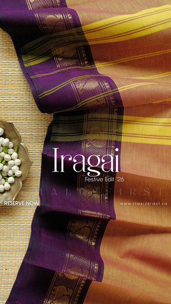 IRAGAI : Kanchi Cotton Sari in Dual tone Peach Yellow & Dark Purple