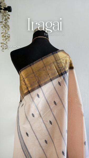 IRAGAI : Kanchi Cotton Sari in Khadi Cream & Grey
