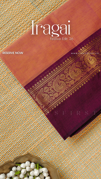 IRAGAI : Kanchi Cotton Sari in Dual tone Salmon Pink-Yellow Dual Tone & Warm Deep Pink
