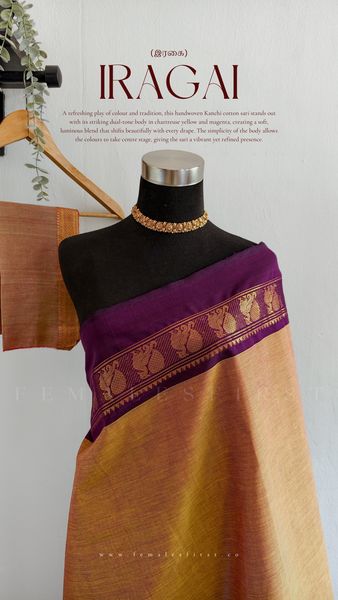 IRAGAI : Kanchi Cotton Sari in Dual tone Chartreuse yellow & Magenta
