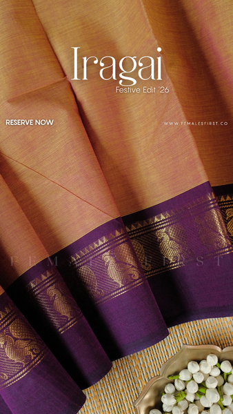 IRAGAI : Kanchi Cotton Sari in Dual tone Peach Yellow & Dark Purple