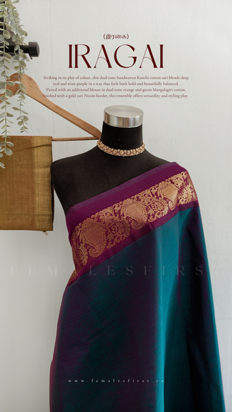 IRAGAI : Kanchi Cotton Sari in Dual tone Teal Blue & Wine Purple