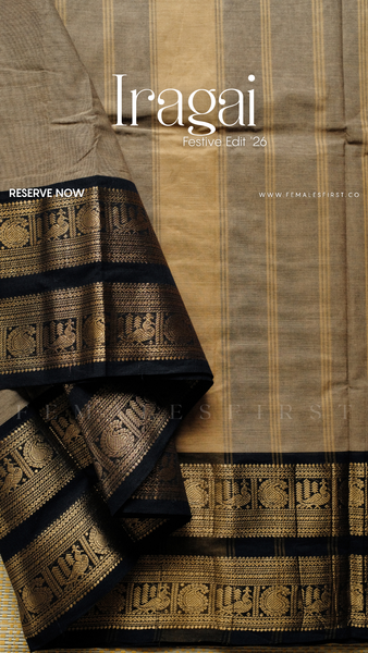 IRAGAI : Kanchi Cotton Sari in Dark Grey & Black