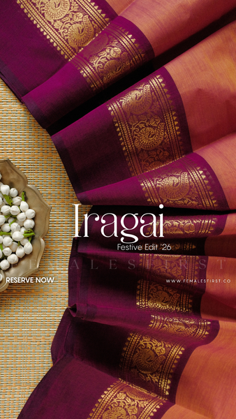 IRAGAI : Kanchi Cotton Sari in Dual tone Salmon Pink-Yellow Dual Tone & Warm Deep Pink