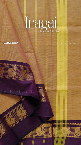 IRAGAI : Kanchi Cotton Sari in Dual tone Peach Yellow & Dark Purple