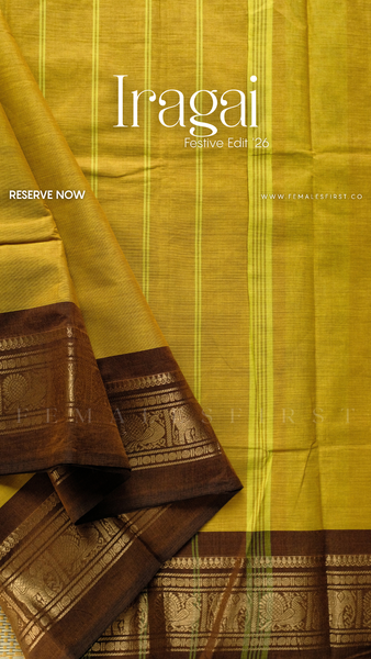 IRAGAI : Kanchi Cotton Sari in Chartreuse Yellow & Brown