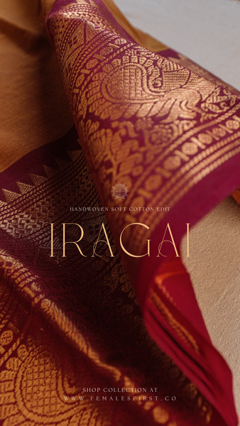 IRAGAI - Mustard & Kumkum Pink Chettinad Cotton Sari (I)