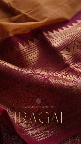IRAGAI - Mustard & Kumkum Pink Chettinad Cotton Sari (I)