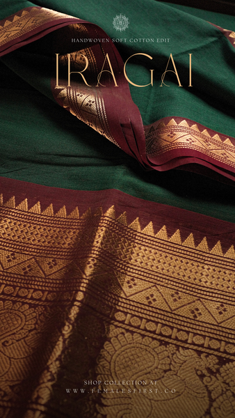 IRAGAI - Dark Forest Green & Maroon Chettinad Cotton Sari