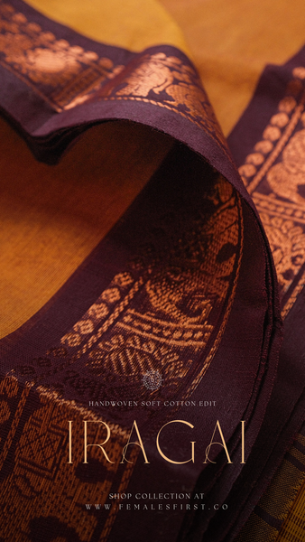 IRAGAI - Deep Mustard & Dark Wine Purple Chettinad Cotton Sari