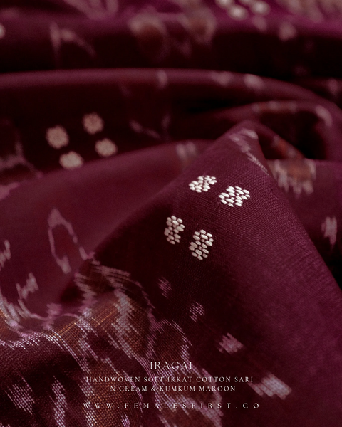IRAGAI - Light Cream & Kumkum Maroon Soft Ikkat Cotton Sari