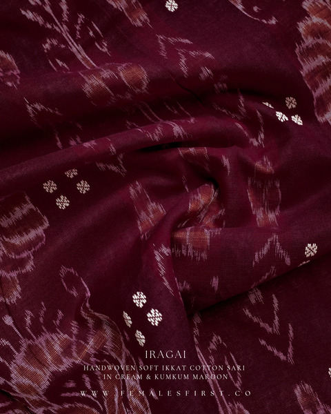 IRAGAI - Light Cream & Kumkum Maroon Soft Ikkat Cotton Sari