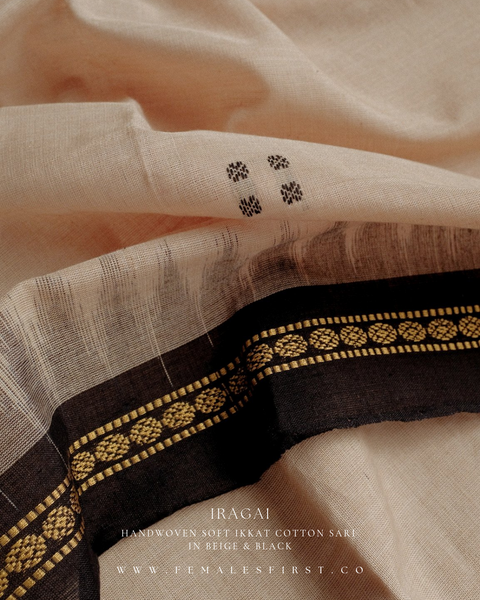 IRAGAI - Light Beige & Black Soft Ikkat Cotton Sari