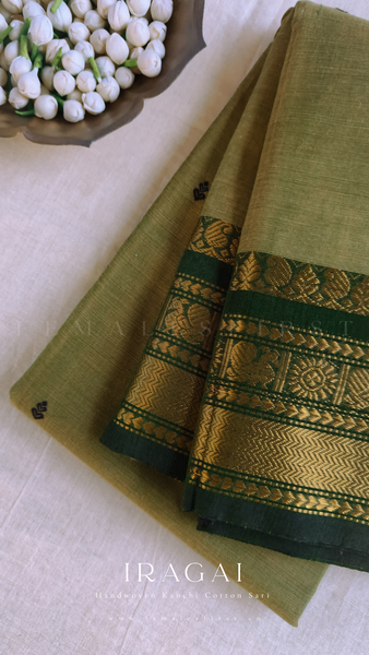 IRAGAI : Kanchi Cotton Sari in Pista & Dark Green