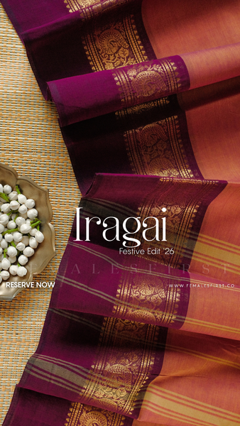 IRAGAI : Kanchi Cotton Sari in Dual tone Salmon Pink-Yellow Dual Tone & Warm Deep Pink