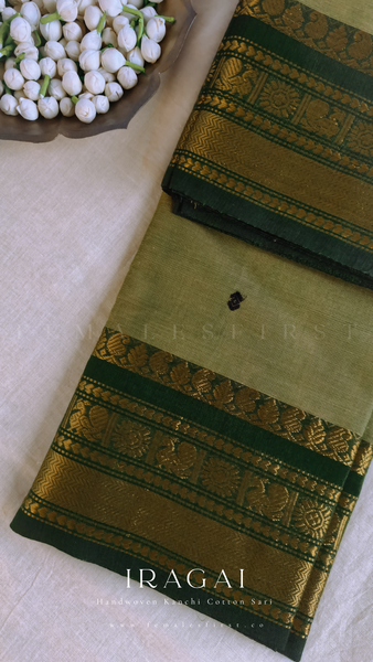 IRAGAI : Kanchi Cotton Sari in Pista & Dark Green