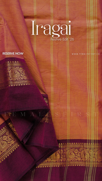 IRAGAI : Kanchi Cotton Sari in Dual tone Salmon Pink-Yellow Dual Tone & Warm Deep Pink