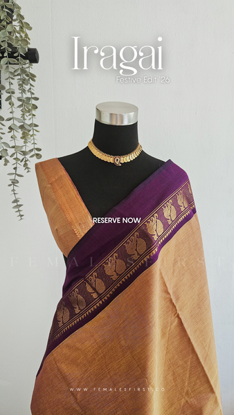 IRAGAI : Kanchi Cotton Sari in Dual tone Peach Yellow & Dark Purple