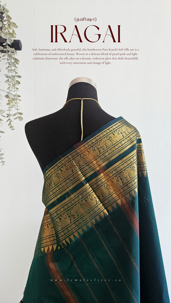 IRAGAI | Kanchi Cotton Sari in Dark Teal Green & Gold
