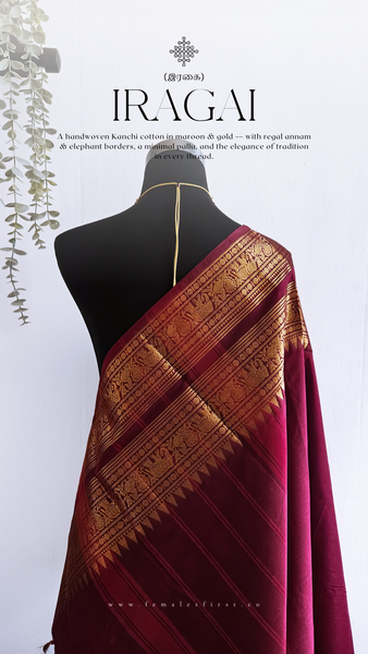 IRAGAI | Kanchi Cotton Sari in Maroon & Gold