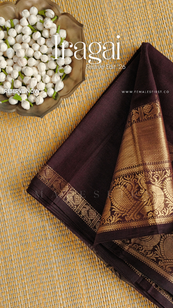 IRAGAI - Large border South Cotton Temple Sari in Burgundy Brown & Gold