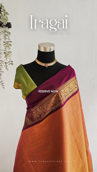 IRAGAI : Kanchi Cotton Sari in Dual tone Salmon Pink-Yellow Dual Tone & Warm Deep Pink