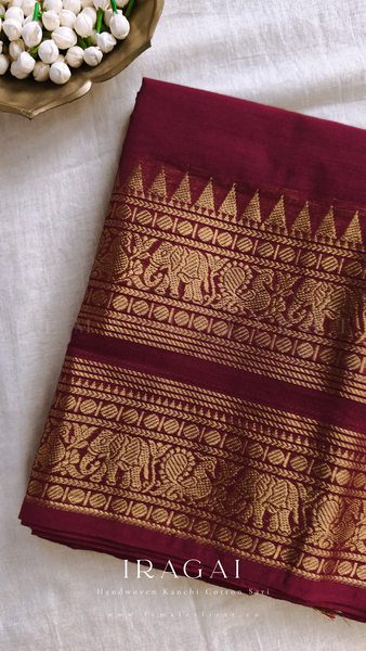 IRAGAI | Kanchi Cotton Sari in Maroon & Gold