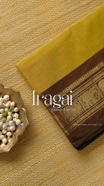 IRAGAI : Kanchi Cotton Sari in Chartreuse Yellow & Brown