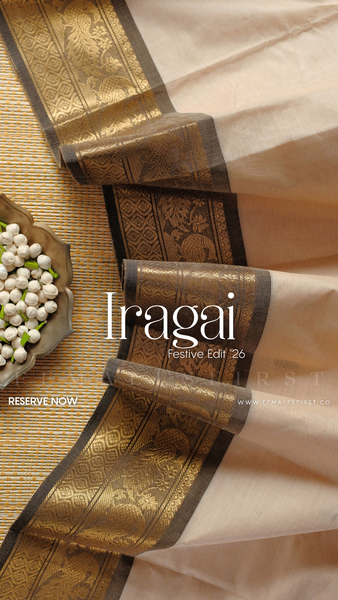 IRAGAI : Kanchi Cotton Sari in Khadi Cream & Grey
