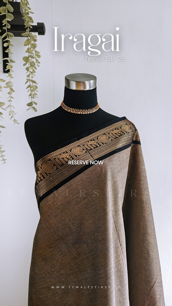 IRAGAI : Kanchi Cotton Sari in Dark Grey & Black
