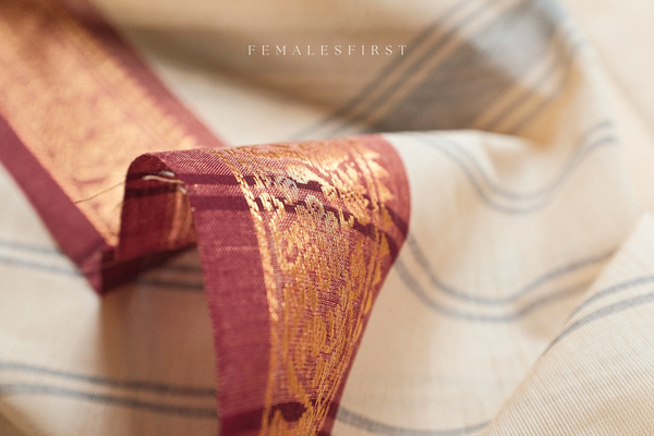 IRAGAI - Off-White & Deep Terracota Pink Chettinad Cotton Sari