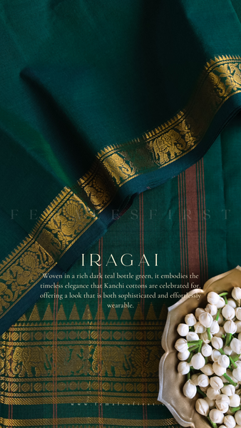 IRAGAI | Kanchi Cotton Sari in Dark Teal Green & Gold
