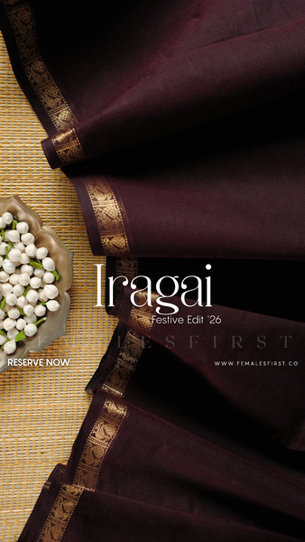 IRAGAI - Large border South Cotton Temple Sari in Burgundy Brown & Gold