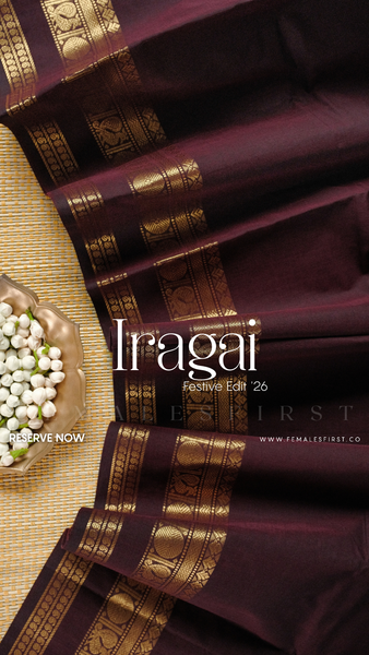 IRAGAI : Kanchi Cotton Sari in Dark Coffee Brown & Gold
