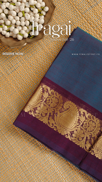 IRAGAI : Kanchi Cotton Sari in Dual tone Blue & Wine Purple