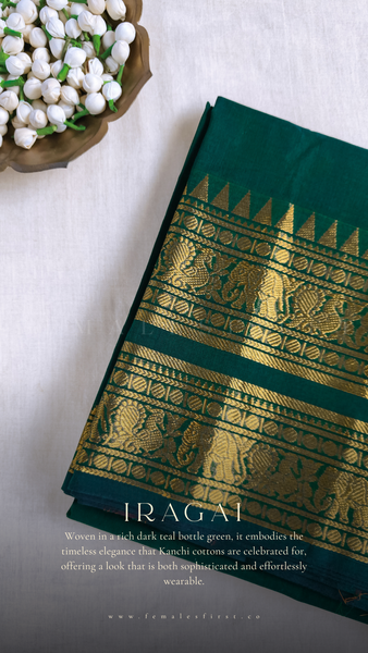 IRAGAI | Kanchi Cotton Sari in Dark Teal Green & Gold
