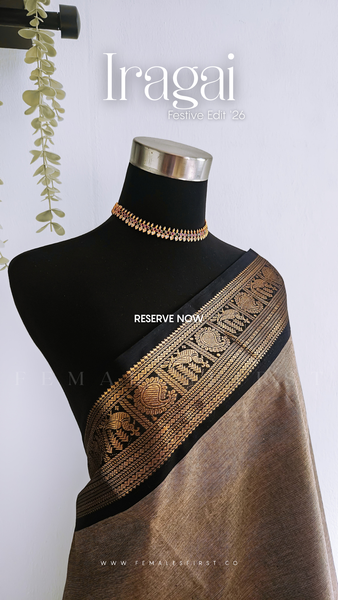 IRAGAI : Kanchi Cotton Sari in Dark Grey & Black