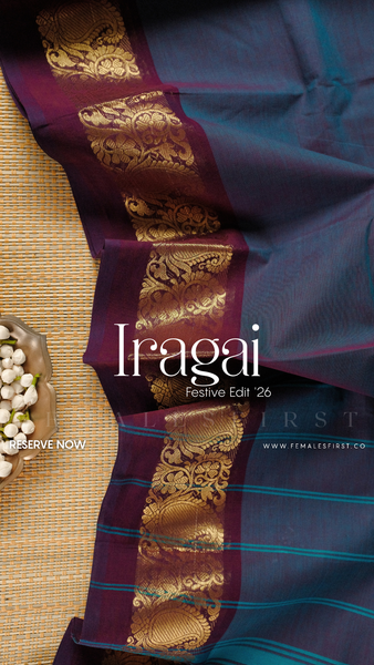 IRAGAI : Kanchi Cotton Sari in Dual tone Blue & Wine Purple